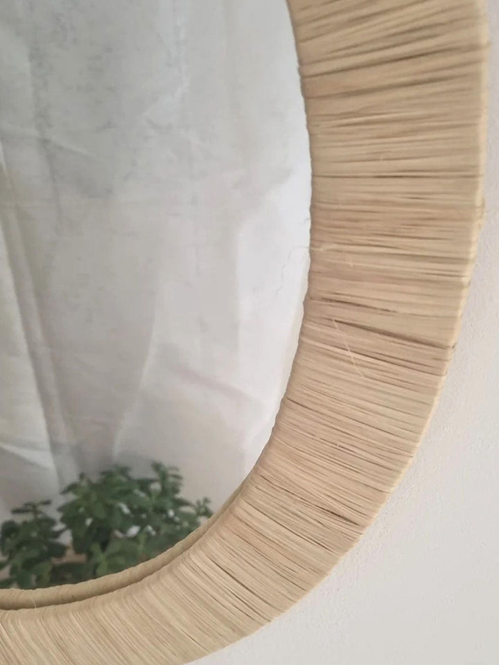 Handcrafted Rounded Natural Raffia Wall Mirror