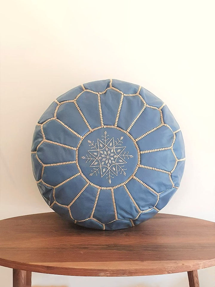 Handcrafted Blue Moroccan Leather Pouf Libitii Poufs LIB-0185-4