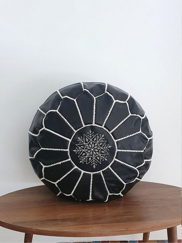 Handcrafted Black Moroccan Leather Pouf Libitii Poufs LIB-0186-3