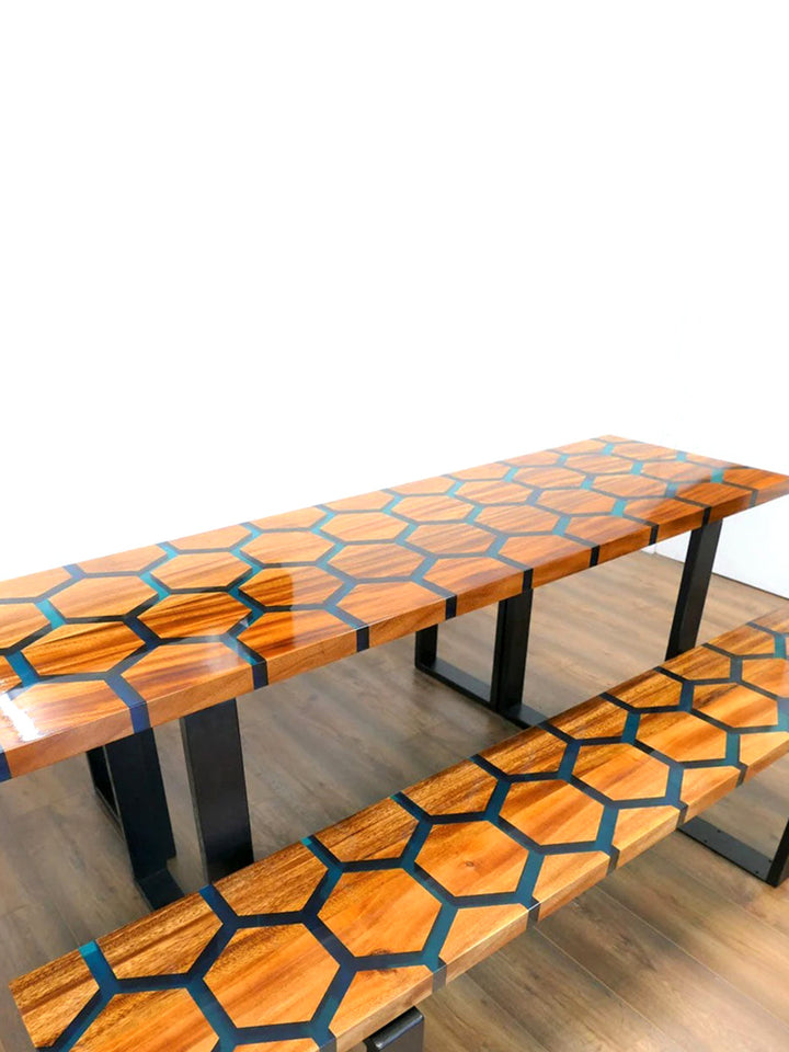 Handcrafted Rosewood Slab Epoxy Resin Wooden Dining Table & Benches Made 4 Decor Tables MDR0003-6