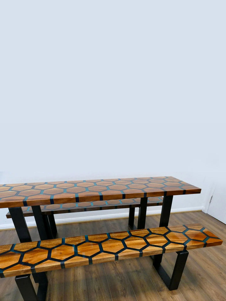 Handcrafted Rosewood Slab Epoxy Resin Wooden Dining Table & Benches Made 4 Decor Tables MDR0003-7