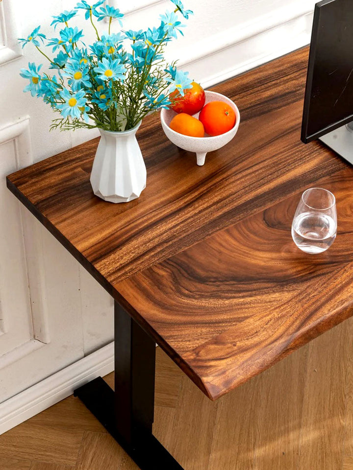 Modern Standing Desk Dark Brown Walnut Wood Top Adjustable Height Metal Legs | 58" x 28"