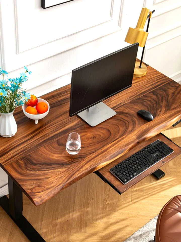 Modern Standing Desk Dark Brown Walnut Wood Top Adjustable Height Metal Legs 58" x 28"