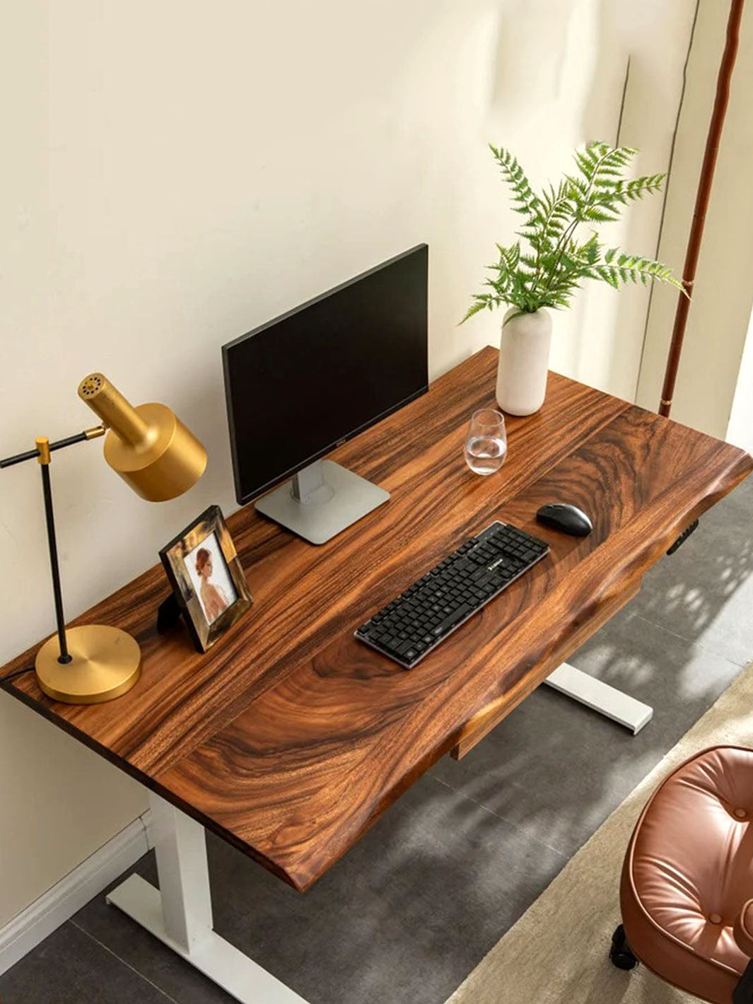 Modern Standing Desk Brown Walnut Wood Top Electric Adjustable White Legs | Multiple Sizes