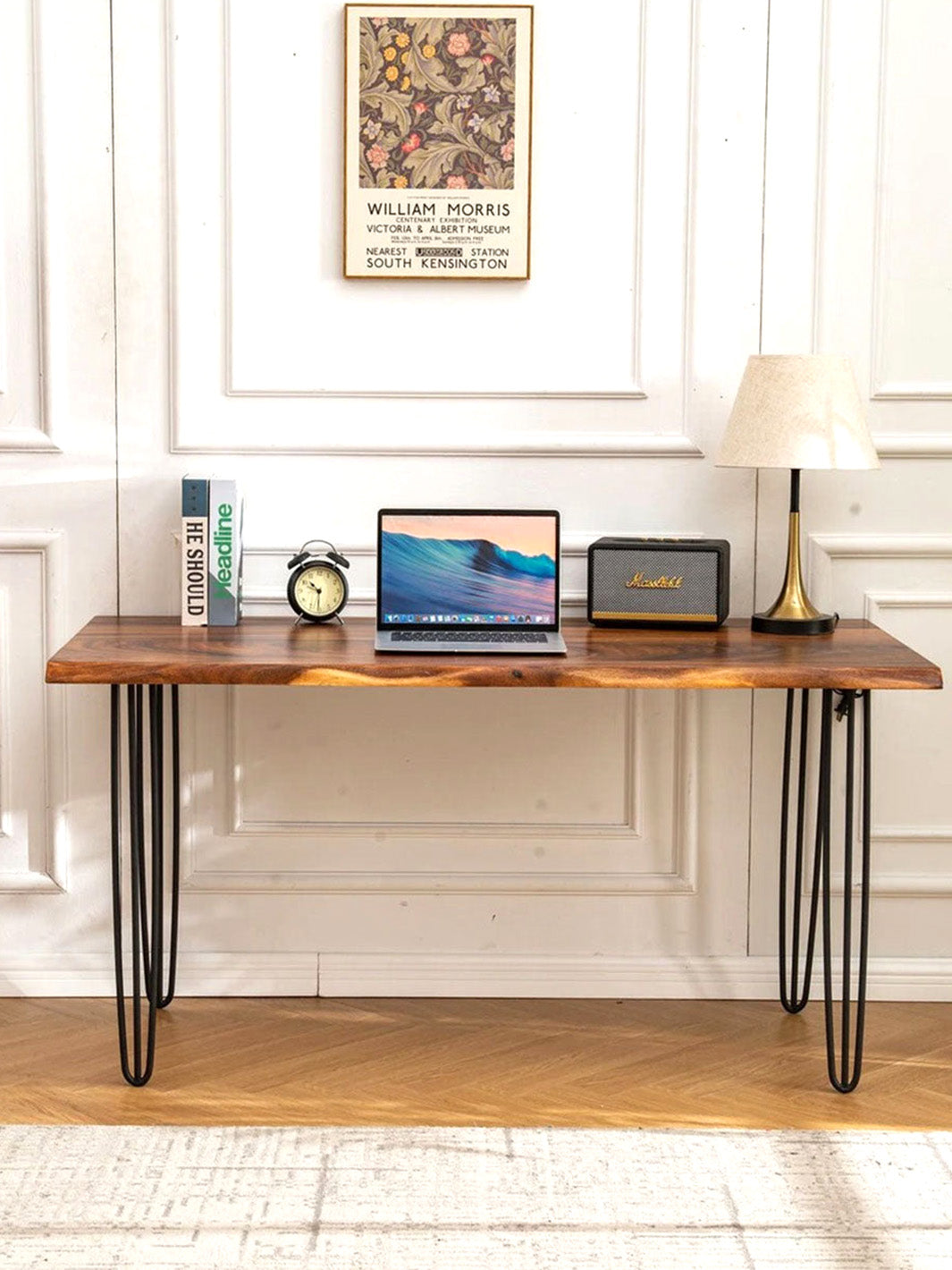 Modern Desk Dark Brown Walnut Wood Top Metal Hairpin Legs | Multiple Sizes