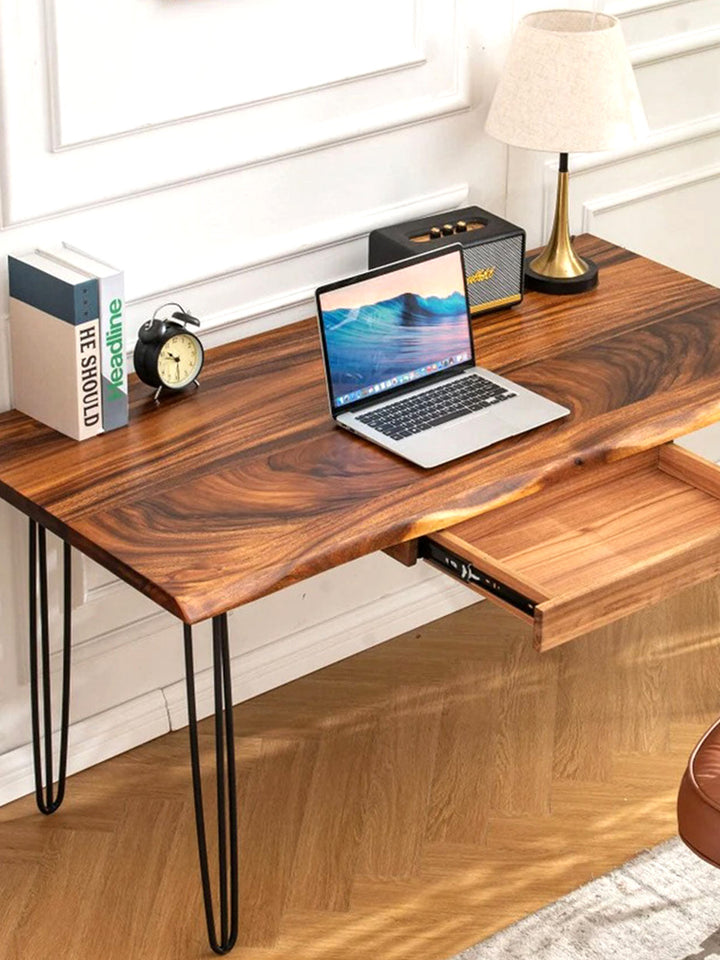 Modern Desk Dark Brown Walnut Wood Top Metal Hairpin Legs Multiple Sizes