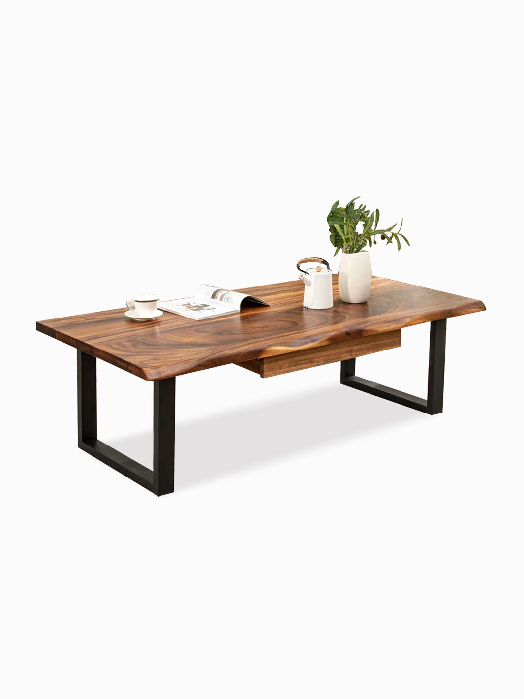 Modern Coffee Table Dark Brown Walnut Wood Top Metal U-Shaped Legs with Drawer Multiple Sizes