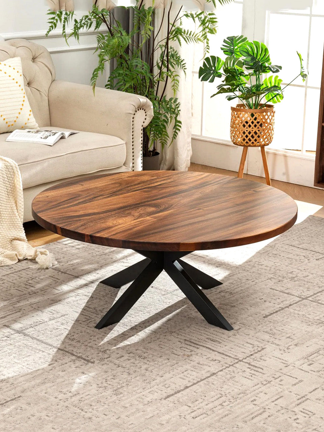 Handcrafted Modern Round Coffee Table Dark Brown Walnut Wood Metal Spyder Legs | 42" x 17.5" H