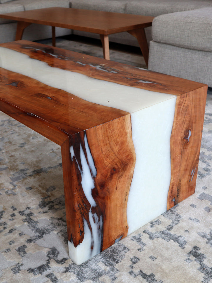 Solid Cherry Wood Epoxy Coffee Table, White Epoxy Waterfall Coffee Table Earthly Comfort  -3