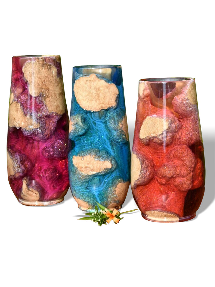 Handcrafted Epoxy Resin Decorative Flower Vase | Feng Shui Wealth Vase Wood Resin Decor TWR-0348