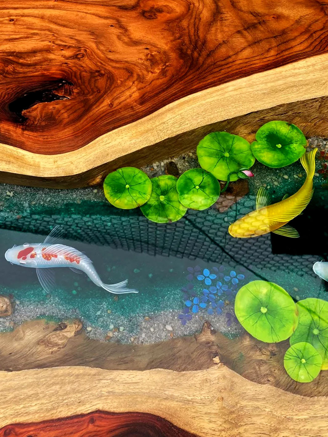 Custom Koi Fish Epoxy River Table - Hand-Painted Design with Live Edge Wood Wood Resin Tables TWR-0484-5