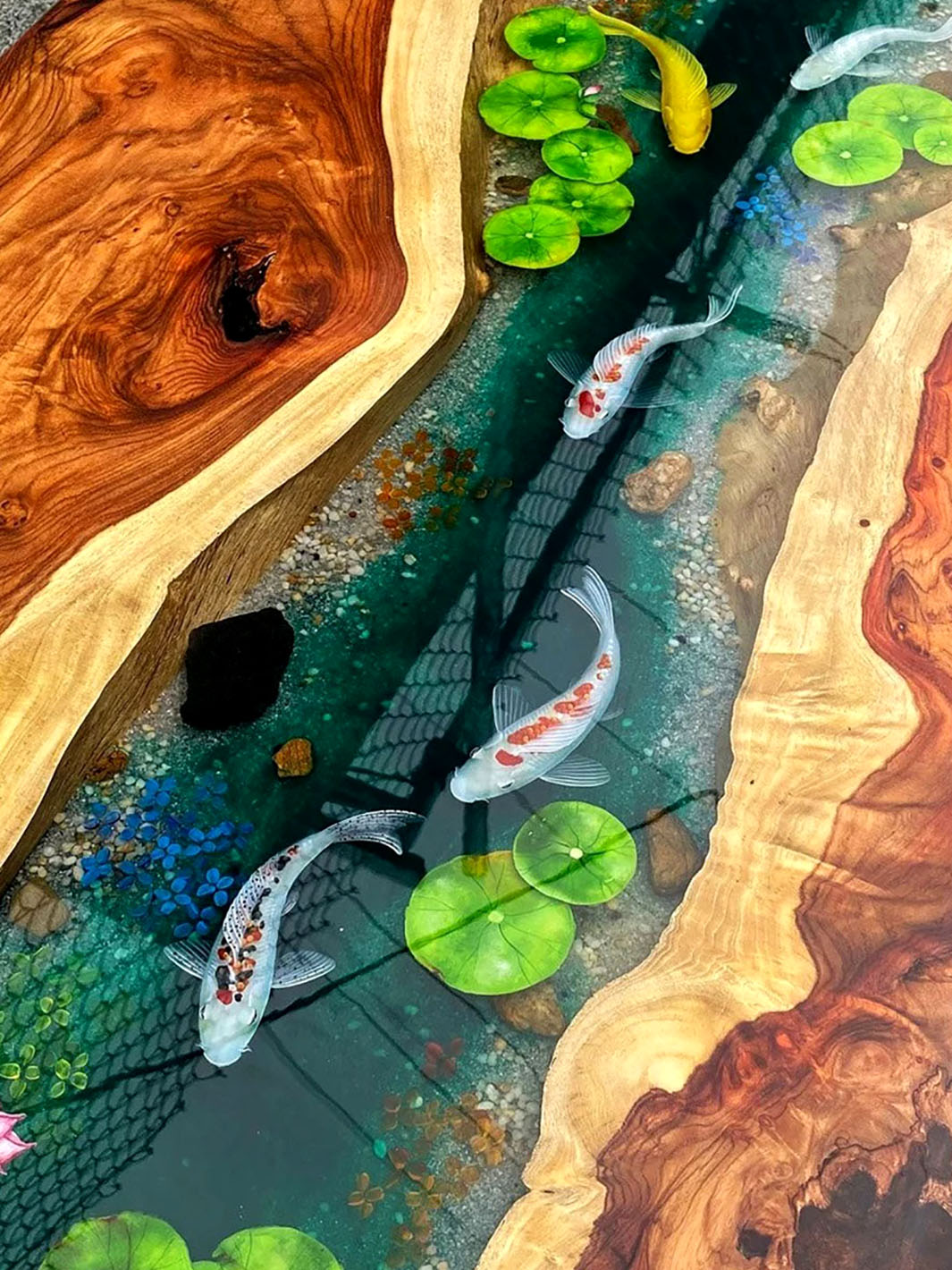 Custom Koi Fish Epoxy River Table - Hand-Painted Design with Live Edge Wood Wood Resin Tables TWR-0484-6