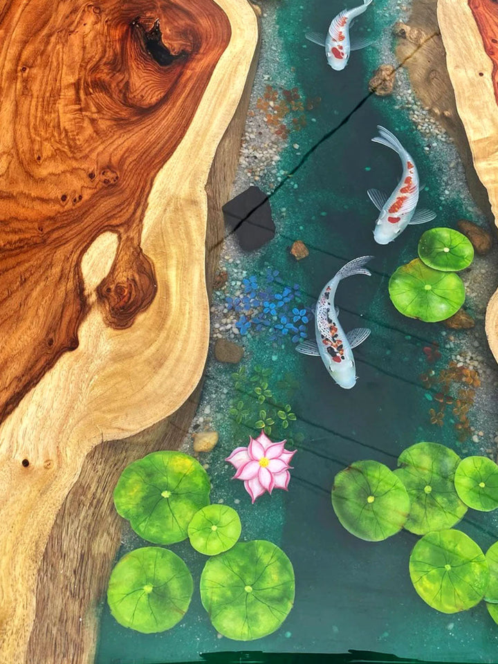 Custom Koi Fish Epoxy River Table - Hand-Painted Design with Live Edge Wood Wood Resin Tables TWR-0484-7