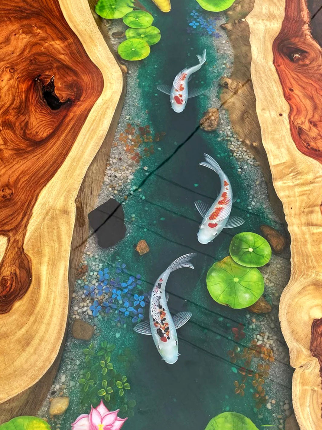 Custom Koi Fish Epoxy River Table - Hand-Painted Design with Live Edge Wood Wood Resin Tables TWR-0484-9