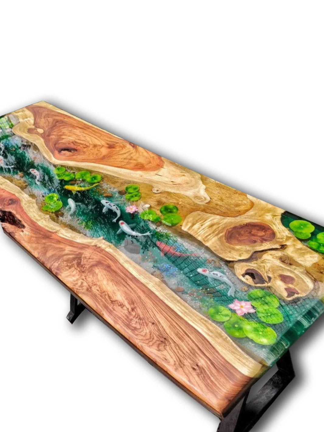 Custom Koi Fish Epoxy River Table - Hand-Painted Design with Live Edge Wood Wood Resin Tables TWR-0484