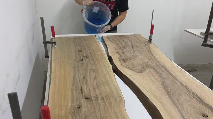 Custom Epoxy Resin Live Edge Walnut Dining Table with Ocean Waves Effect