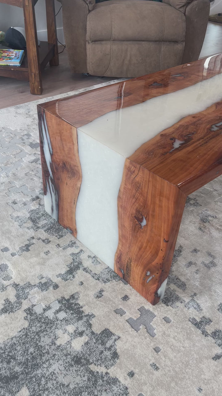 Solid Cherry Wood Epoxy Coffee Table, White Epoxy Waterfall Coffee Table Earthly Comfort  