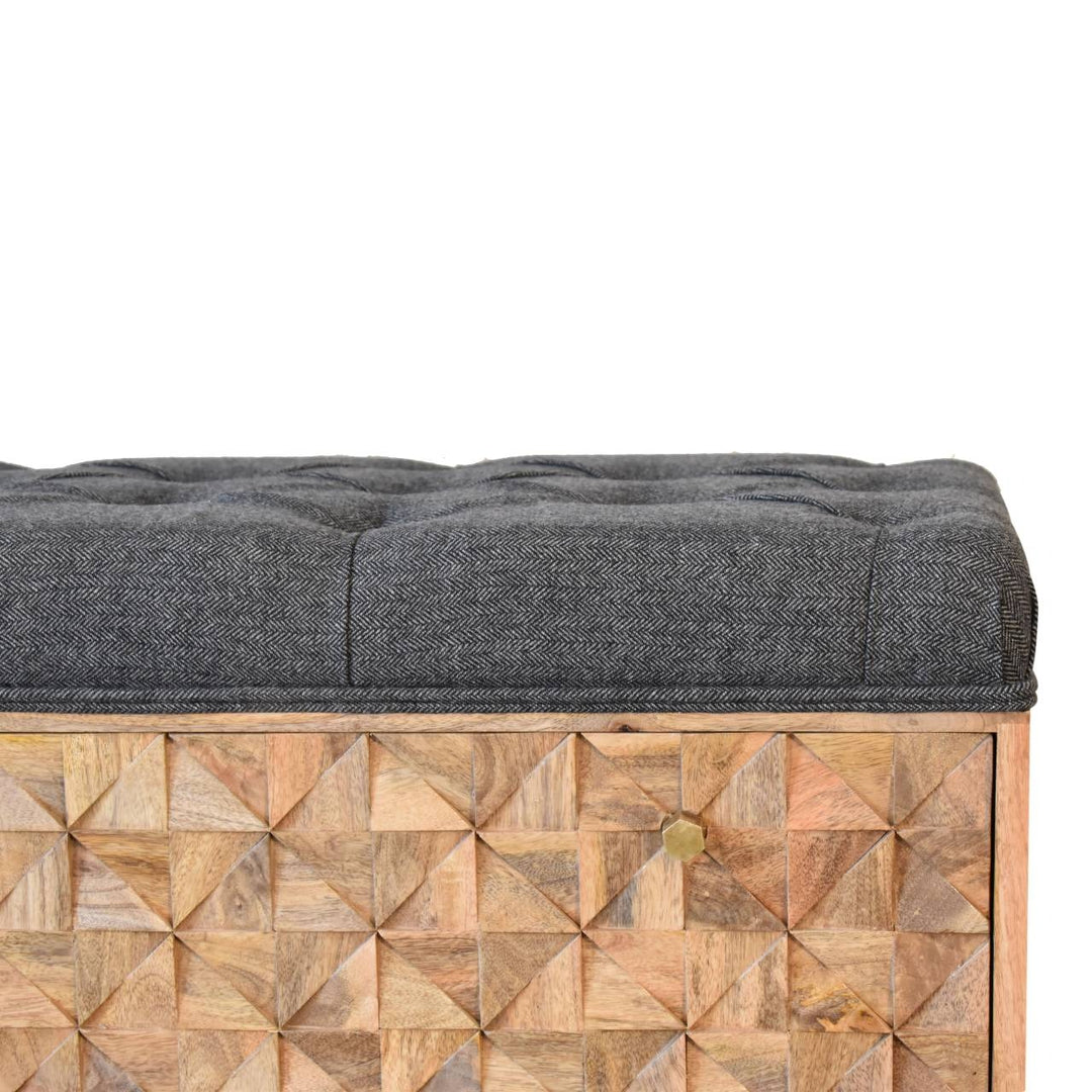 U-Shape Diamond Carved Black Tweed Storage Bench Storage & Entryway Benches Artisan Furniture   
