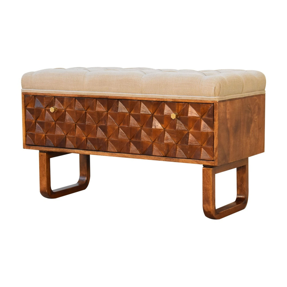 U-Shape Chestnut Diamond Carved Mud Linen Storage Bench Storage & Entryway Benches Artisan Furniture   