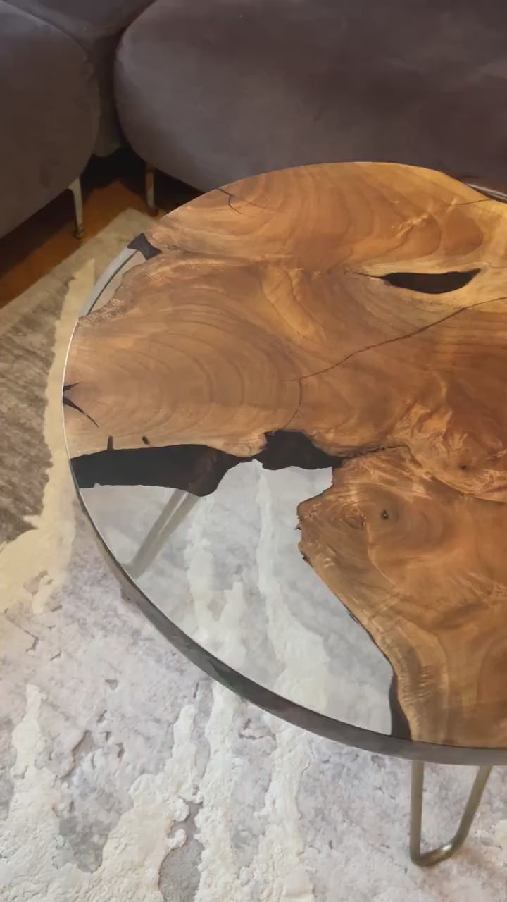 Handcrafted Clear Epoxy Resin Rounded Live Edge Coffee Table