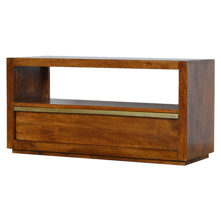 Chestnut Media Unit with Gold Bar - 100% Solid Mango Wood TV Stand Tables Artisan Furniture   