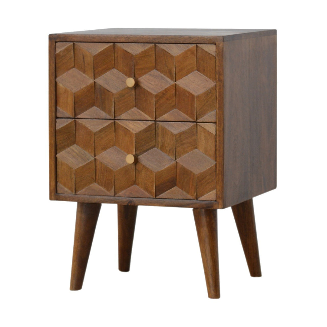 Chestnut Cube Carved Nightstand - 100% Solid Mango Wood Bedside Table End Tables Artisan Furniture   